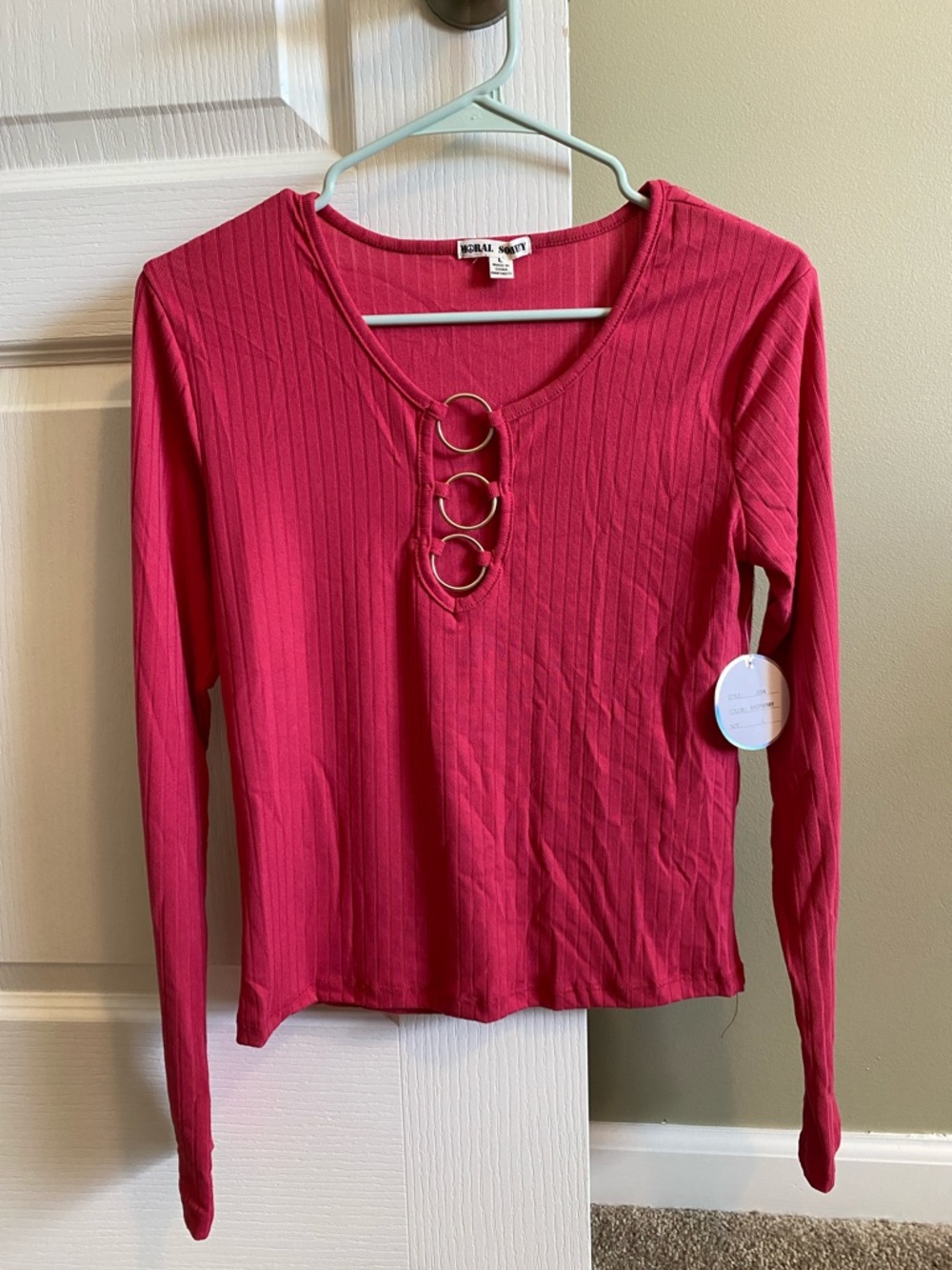 Ribbed Long-Sleeve Top with Triple Ring Detail - Pink